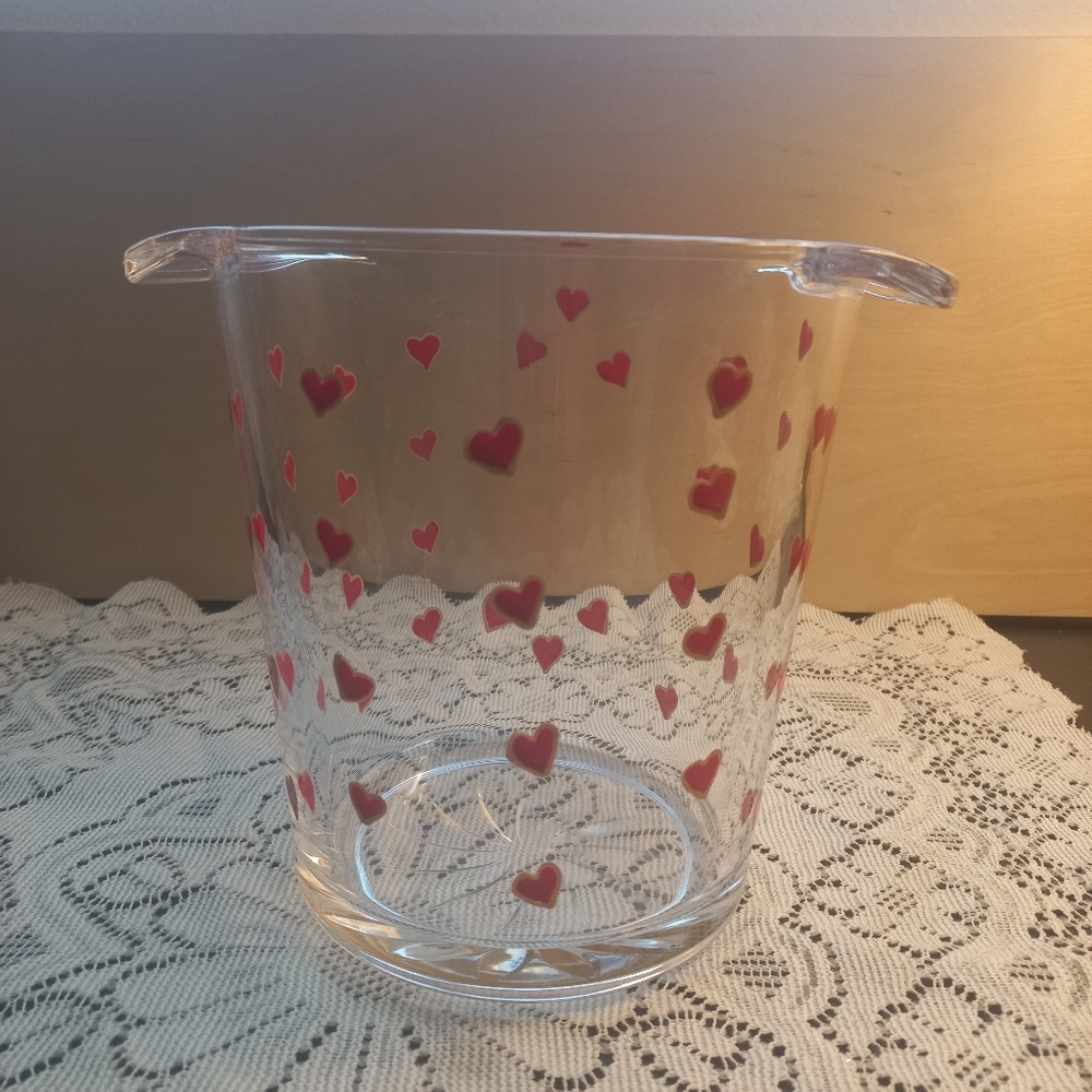 Clear Glass Ice Bucket/ Champagne Chiller With Handpainted Red Hearts W/Gold...